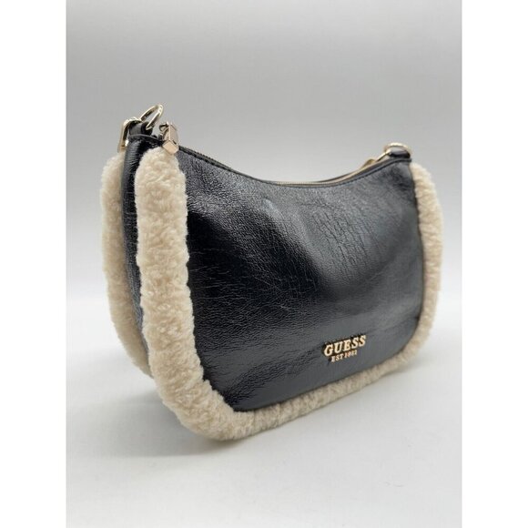 GUESS Davika crinkle faux-leather Sherpa trim hobo shoulder bag - Black - Picture 13 of 15